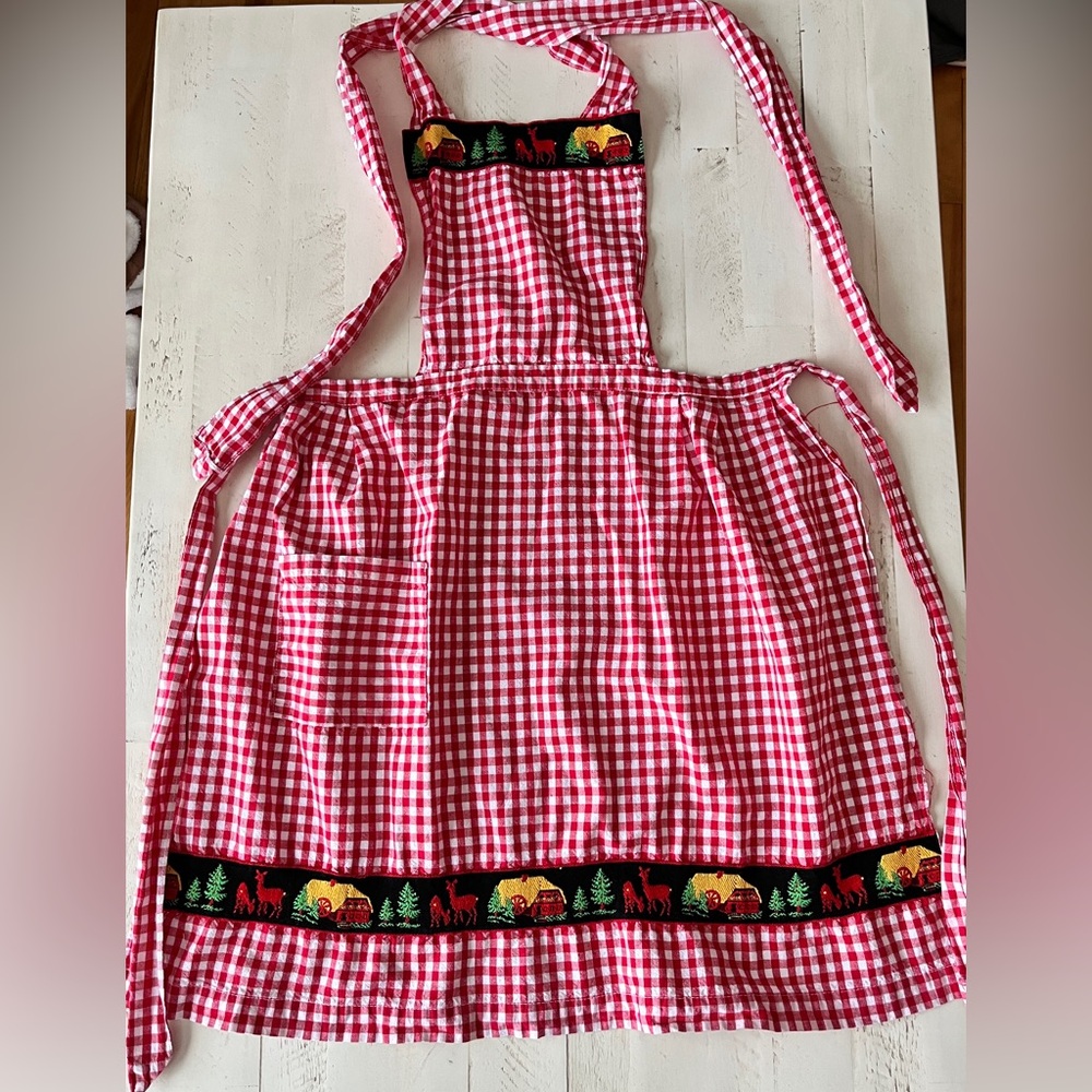 Vintage red gingham kids apron with little deer trim
